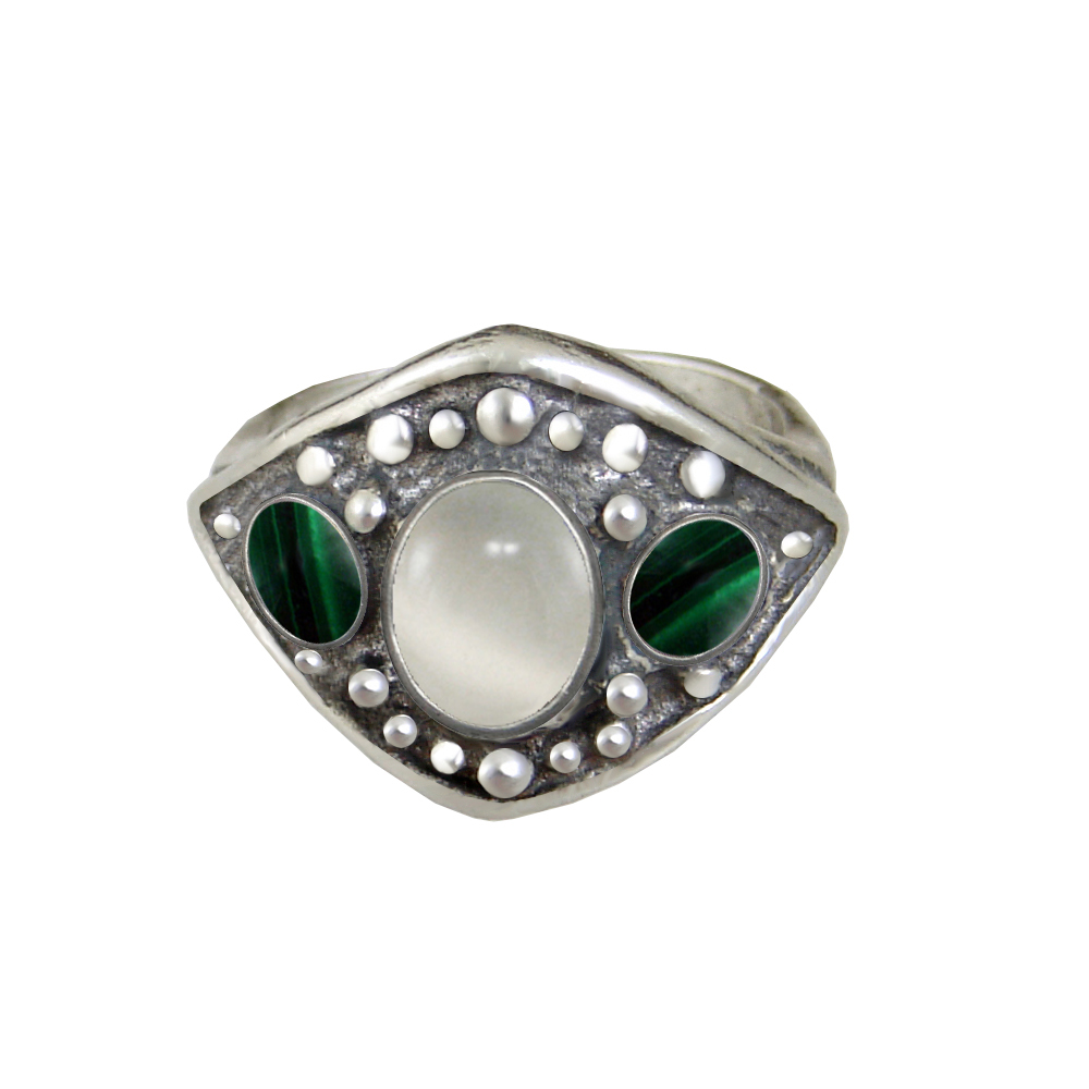 Sterling Silver Medieval Lady's Ring With White Moonstone And Malachite Size 6 Sterling Silver Medieval Lady's Ring With White Moonstone And Malachite Size 6